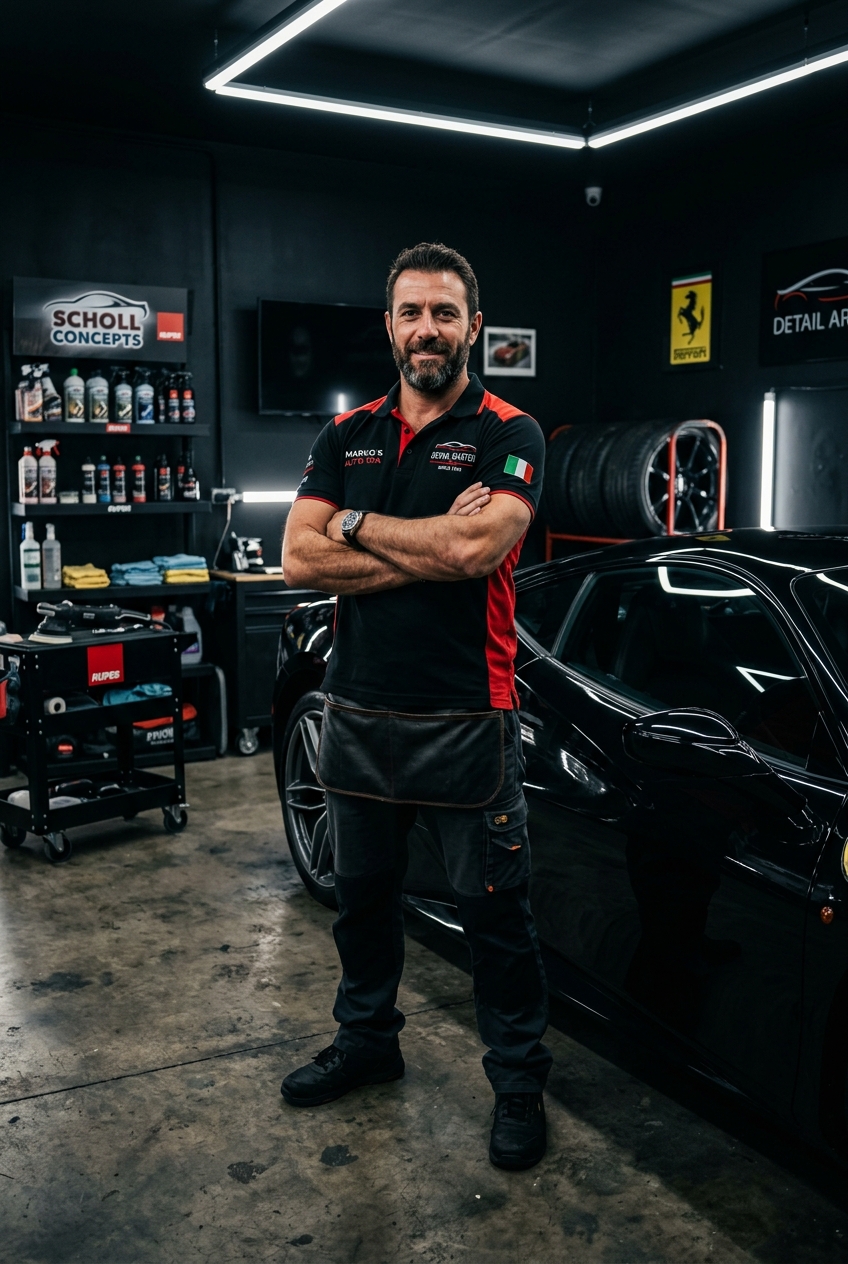 Il fondatore di AllCar360 nel suo studio di detailing a Torino