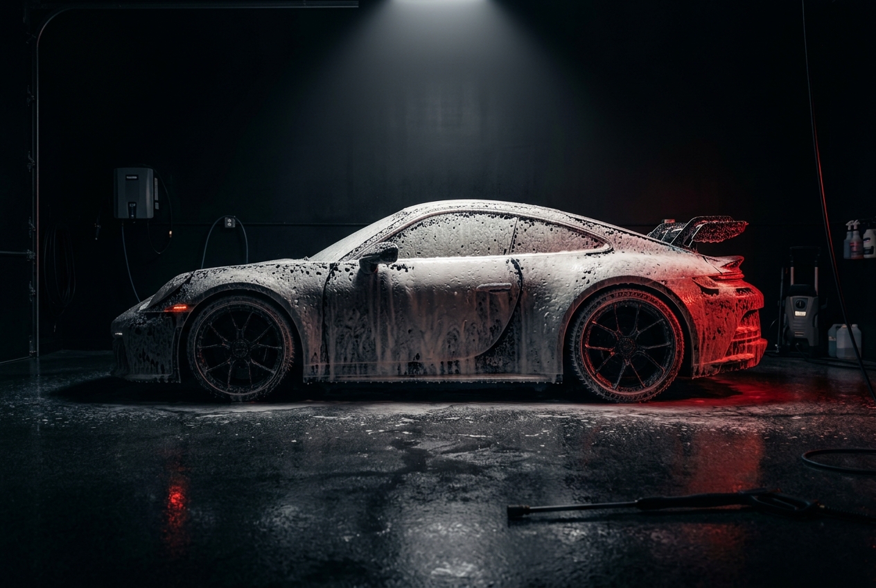 Auto di lusso coperta di schiuma durante un detailing professionale
